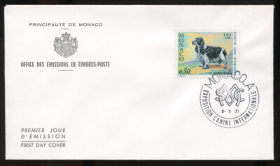 COCKER SPANIEL SCHWARZ & WEISS MONACO HUNDEAUSSTELLUNG BRIEFMARKE ERSTTAGSBRIEF 1971 FDC 