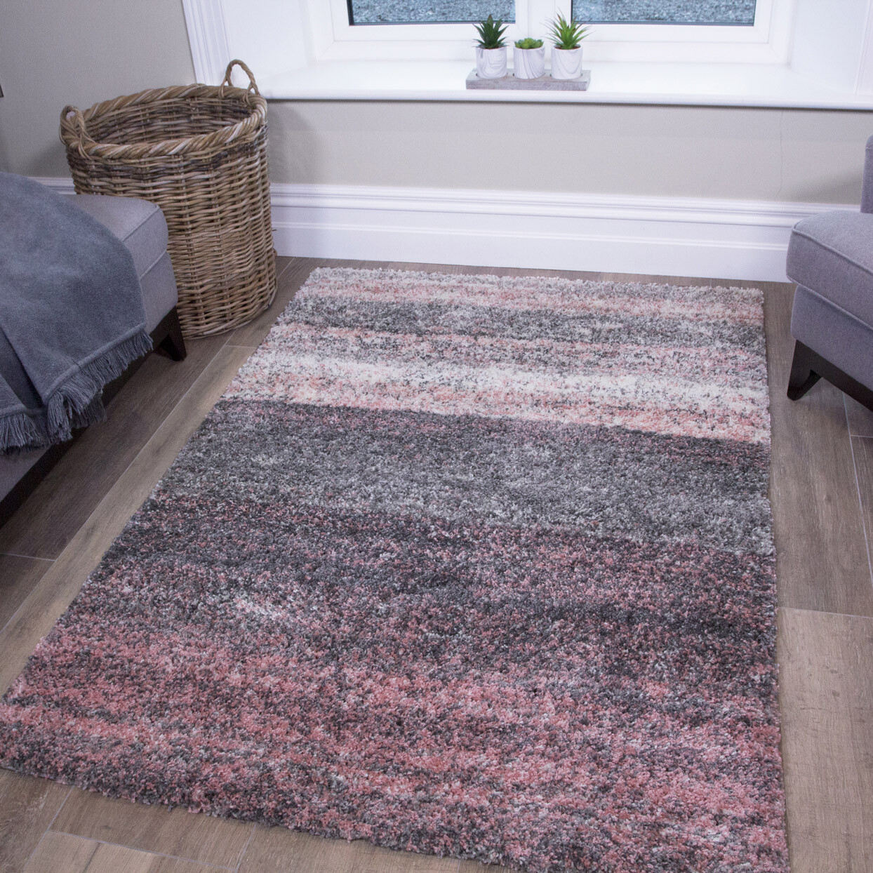 Soft Blush Pink Shaggy Rugs Flecked Striped Millennial Non Shed Cosy