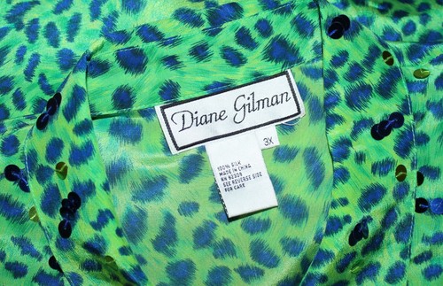Diane Gilman Sz 3X Green Wild Animal Print 100% Silk Sequin Blouse Shirt Top - Picture 4 of 6