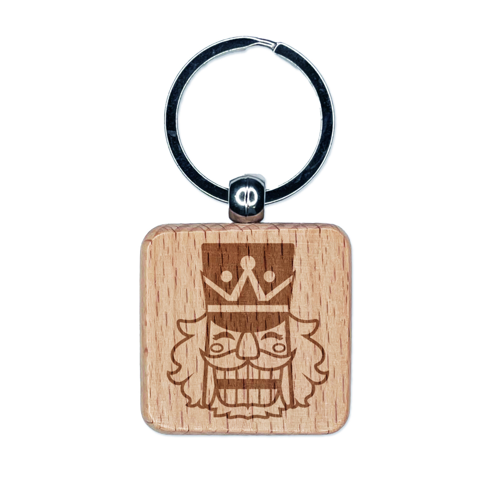 Happy Smiling Christmas Nutcracker Face Engraved Wood Square Keychain Tag Charm
