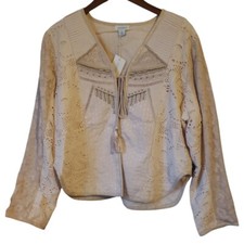 Sundance Boho Cardigan Embroidered Lace Lines Metallic Open Front XL Tassel NWT