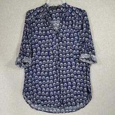 fun 2 fun Popover Blouse Medium Owls Rayon Blue White Roll Tab Sleeves