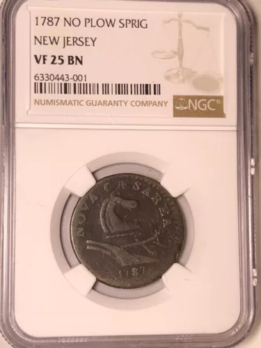 1787 New Jersey Colonial Copper No Plow Sprig Above Plow NGC VF 25 BN: NJ Copper
