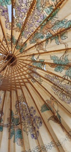 Vtg Hand Painted Japanese Chinese Bamboo Rice Paper Wood Umbrella Parasolš„Read - Picture 5 of 14
