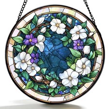 Stained Glass Window Hanging- White  Purple Floral Design, Suncatcher for Wi...