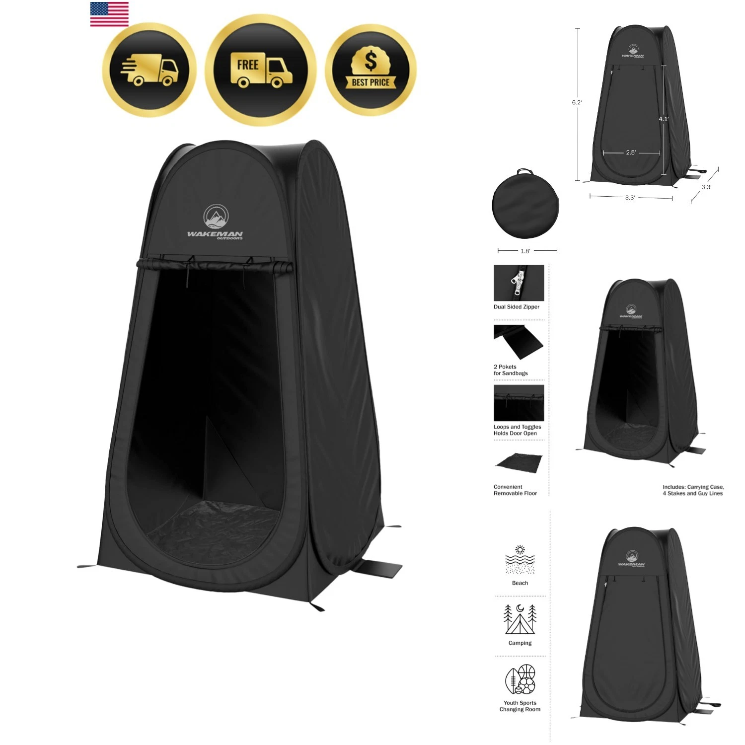 Pop Up Changing Tent, 3.3 x 3.3 x 6.2ft, Camping Shower Tent for Portable Toi...