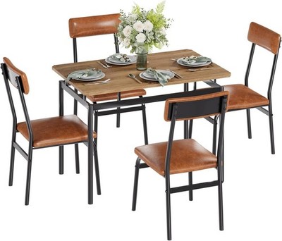 5 Stück Esstisch Set Küchentisch mit 4 PU Polsterstuhl Esszimmer