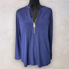 MICHAEL Michael Kors Womens Medium Navy Blue Gold Half Zip Pullover Top Blouse