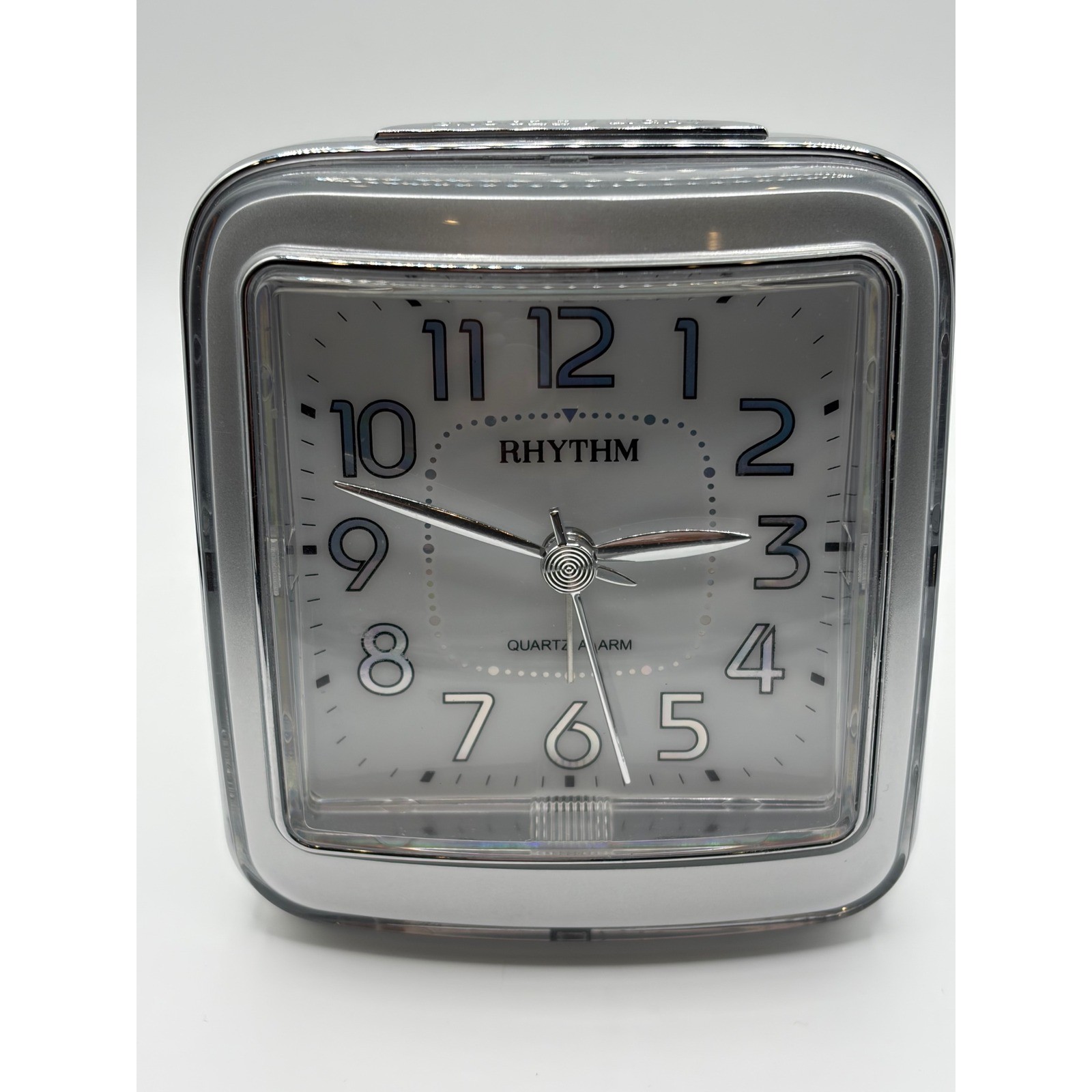 Rhythm Silver Quartz Alarm Clock Snooze Night Rhythm Silver Quartz Alarm Clock Snooze Night Light Square Analog Desktop Travel image