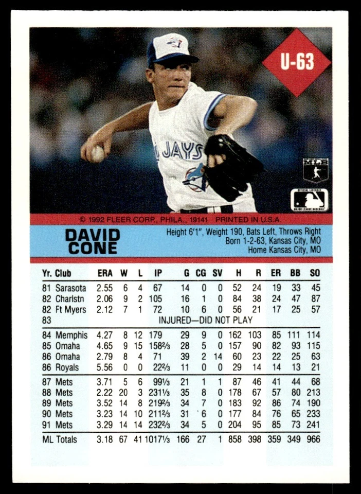1992 Fleer Update David Cone Toronto Blue Jays #U-63 - Image 2 of 2