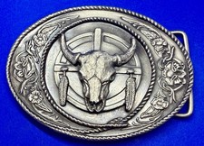 Bull Skull Indian Feathers Rodeo Cowboy Western Vintage 1991 Belt Buckle - D5