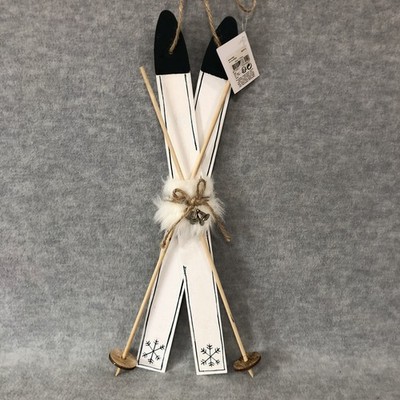 Wood Snow Skis Winter Lodge Cabin Christmas Wall Hanging Door Decor 17.25  White