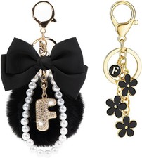 Initial Letter Keychain for Women Girls Cute Bow Flower Puff Ball Pom Purse Bag