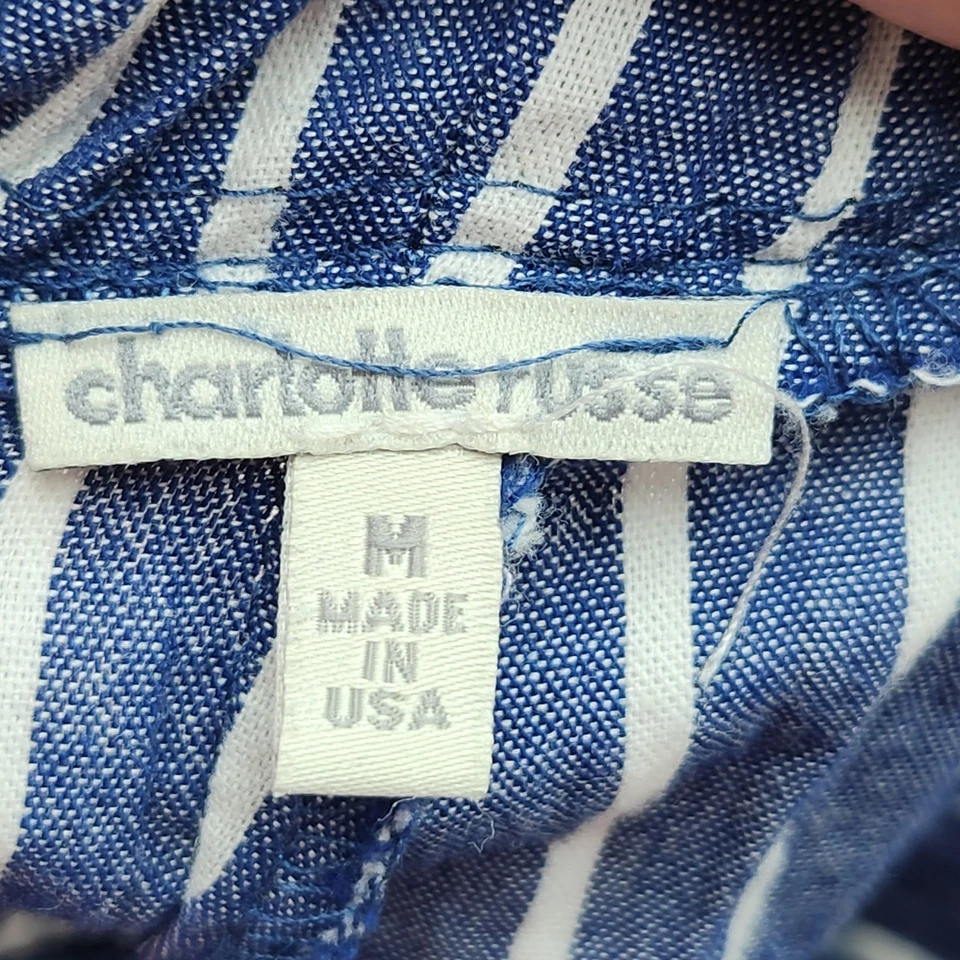 Pantalones Cortos Charlotte Russe Para Mujer Medianos Azul Blanco Rayas Cinturón Tiro Alto Algodón Foto 3 de 4