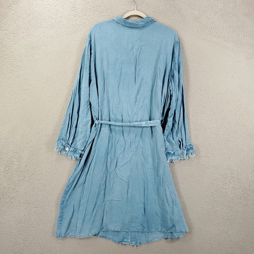 Womens Chambray Dress Size 3X Rufffled Fringe Accents Belted Blue Button Front - Picture 7 of 9