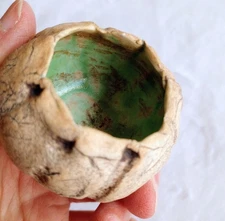 Dinosaur Egg Stoneware Trinket Dish Brown Green Turquoise Handmade Signed 