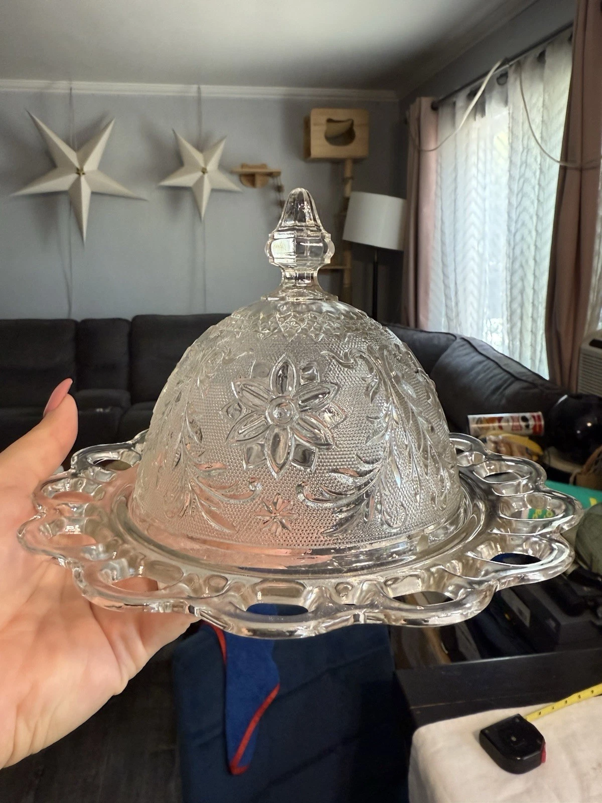 TIARA SANDWICH CLEAR BUTTER DISH Dome LID Antique Press Glass