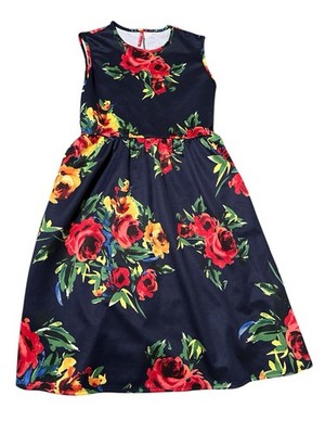 Girls' A Line Navy Blue Red Sleeveless floral dress, PaoLiNo Large