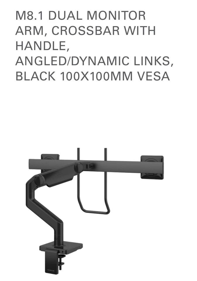 M8.1 DUAL MONITOR ARM, CROSSBAR WITH HANDLE, ANGLED/DYNAMIC LINKS, BLACK 100X100 - Image 2 of 4