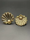 Vntg Toledo Damascene SeaShell Clam Faux Pearl Costume Jewelry  Clipon Earrings