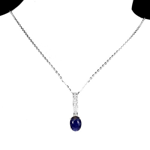 925 Sterling Silver Oval Sapphire Kanchanaburi 8x6mm White Topaz Necklace - Picture 2 of 10
