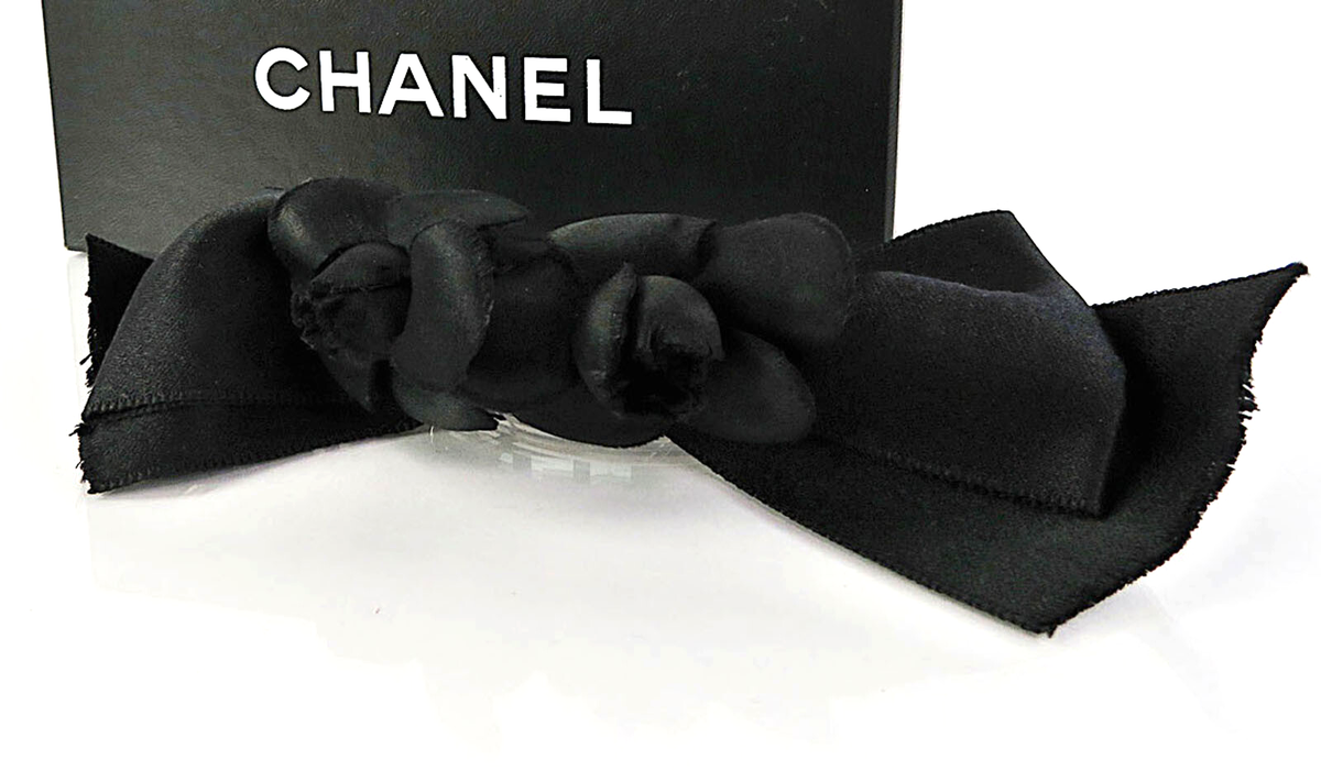 Authentic Vintage CHANEL Black Ribbon Camellia Barrette Hair Clip