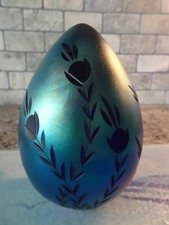 Vintage Vandermark Art Glass Incised Etched Carved Blue Aurene Egg Paperweight