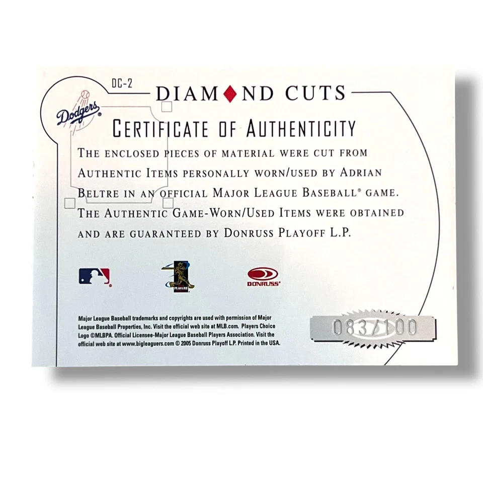 Donruss Diamond Kings Adrian Beltre 2005 cortes de diamante combos 83/100 #DC-2 Foto 2 de 2