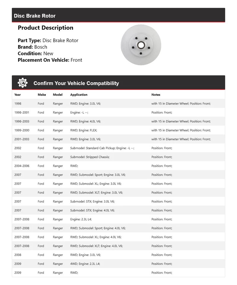 Rotor de freno de disco delantero QuietCast para Ford Ranger Bosch 1998-2009 1999 2000 2001 Foto 2 de 4