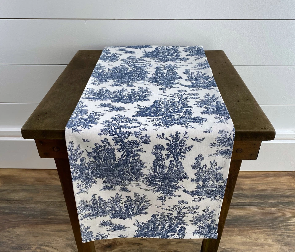 Dark Blue Toile Table Runner Colonial French Home Decor Vintage Dining Linens - Image 2 of 4