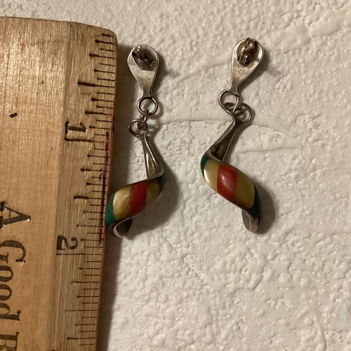 VTG Native American Zuni Earrings Spiral Twist Inlaid Stone Coral Turquoise - Picture 5 of 7