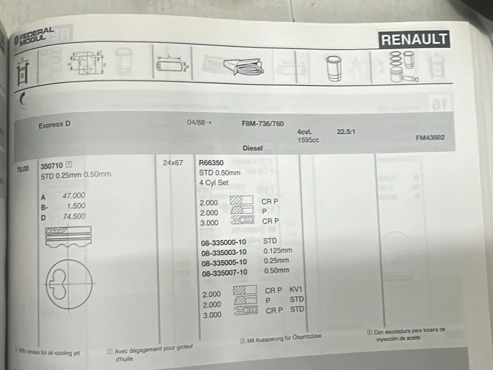 4X Nural Piston Assy. 07873-1011 78 OS 0.25 For RENAULT F8M R5 R11 R15 EXPRESS D - Image 2 of 4