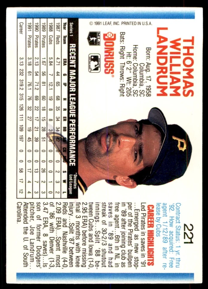 1992 Donruss Bill Landrum Pittsburgh Pirates #221 - Image 2 of 2