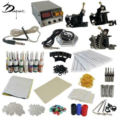 Complete Tattoo Kit 3x Tattoo Machine Gun 15x Color Inks Power Supply TK-03