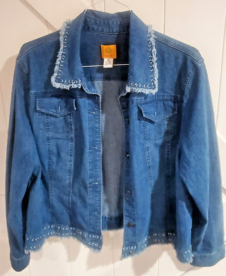 Ruby Rd. Women's Jacket Size 18 Denim Fringe Embroidered Boho Jean Jacket