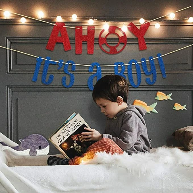 Letrero de pancarta náutico Ahoy Its A Boy para baby shower bebé niño rueda decoración de fiesta Foto 3 de 4