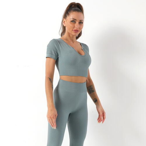 Workout Set For Women Seamless Crop Top & Ribbed Legging Butt Lift Outfits - Picture 12 of 27