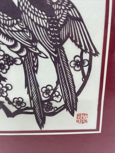 Asian Papercut Art - Two Birds Cut From Burgundy Paper - 4x4.5 - Picture 5 of 7