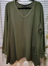 H By Halston Olive Green Long Sleeve V Neck Top Tunic Side Slits Size XL