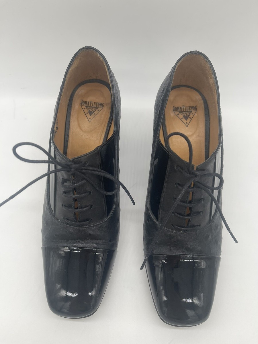 John Fluevog 'Phyllis' Patent Leather Ostrich Block Heeled Loafer