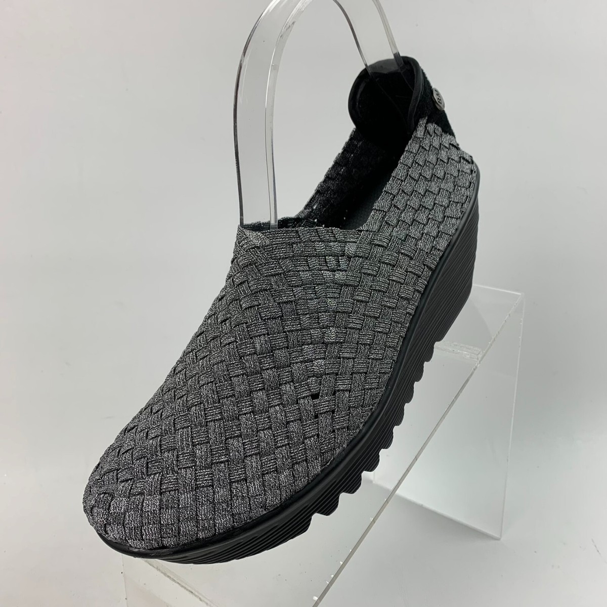 Bernie Mev Gem Silver Gray Woven Platform Wedge Round Toe Slip On Sz 