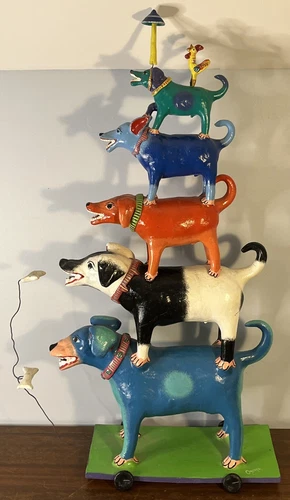 Gerardo Ortega Mexican Folk Art Pottery 31" Tall Dog Tower Whimsical Sculpture