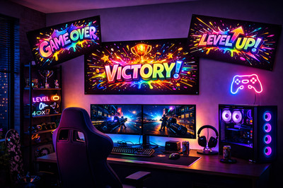 Neon Gaming Banner Fluo UV Game Over Victory Level Up No Scope RGB Kinderzimmer