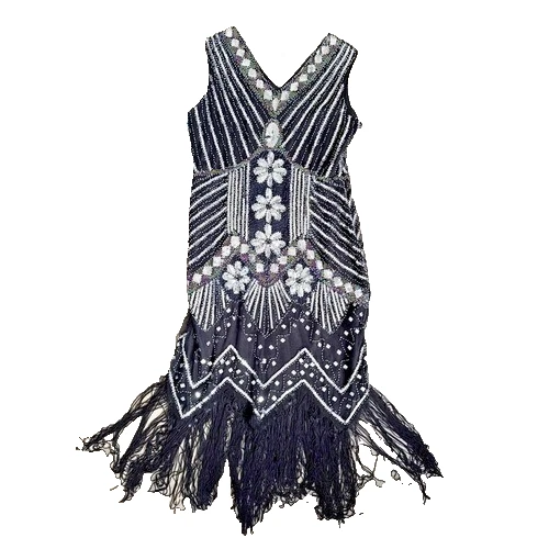1920s  Flapper Dress Sz  XL Black Silver Fringe Sequin Gatsby  Sheath - Image 2 of 4