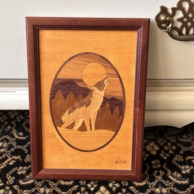 HUDSON RIVER INLAY PICTURE - HOWLING WOLF - WOOD MARQUETRY by 7 x 10