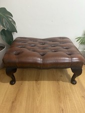 Vintage antique Brown Leather Queen Anne Chesterfield Footstool Large