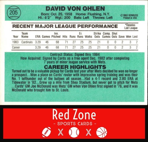 1984 Donruss - #205 Dave Von Ohlen quasi nuovo set Break. - Foto 2 di 2