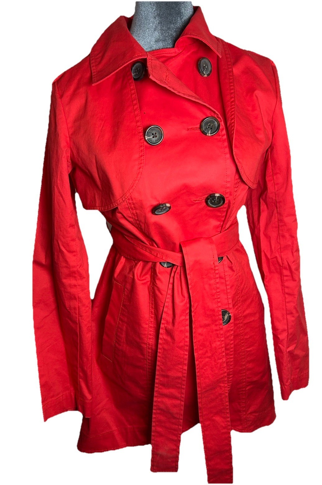 Cabi Red Trench Coat Sz 6 Jacket Detachable Upper Double Breasted Belted Convert