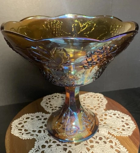 Vtg Pedestal Fruit Wedding Bowl Amber Carnival Glass Grapes Leaves Iridescent
