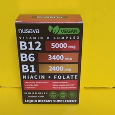 Nusava Vegan Vitamin B Complex Liquid Raspberry B12 B6 B1 Niacin Folate 60ml